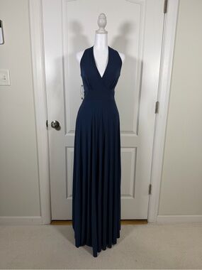 Eva Mendes Bridal Party New York & Company Navy Halter V-Neck Maxi Dress